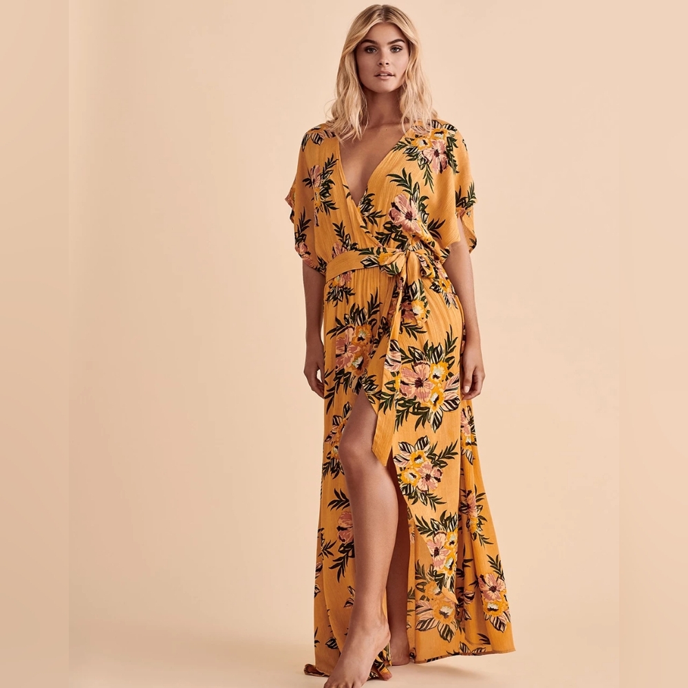 Yellow tropical pattern Ripcurl wrap summer dress XS
